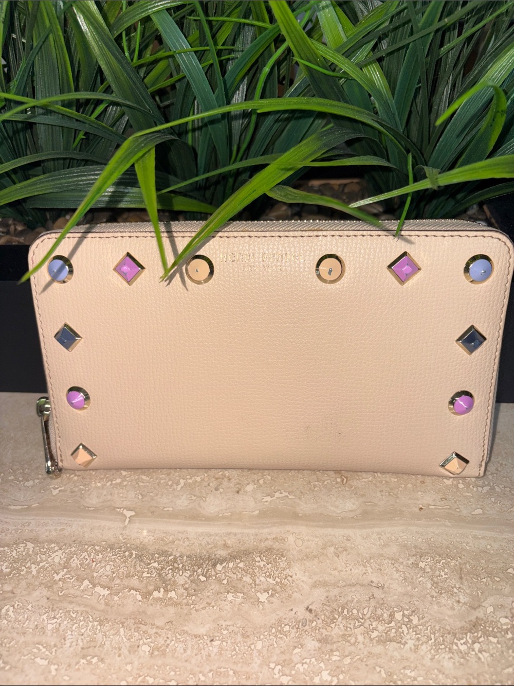 Henri Bendel Beige Zip-Around Wallet with Gold Hardware and Colored Accent Studs